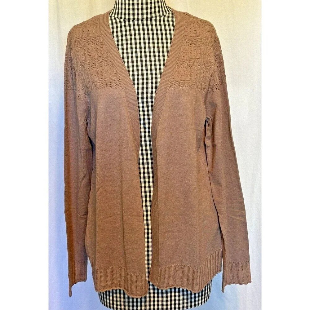 New Lety&Me Leana Pointelle Detail Open Cardigan Mocha Size Medium